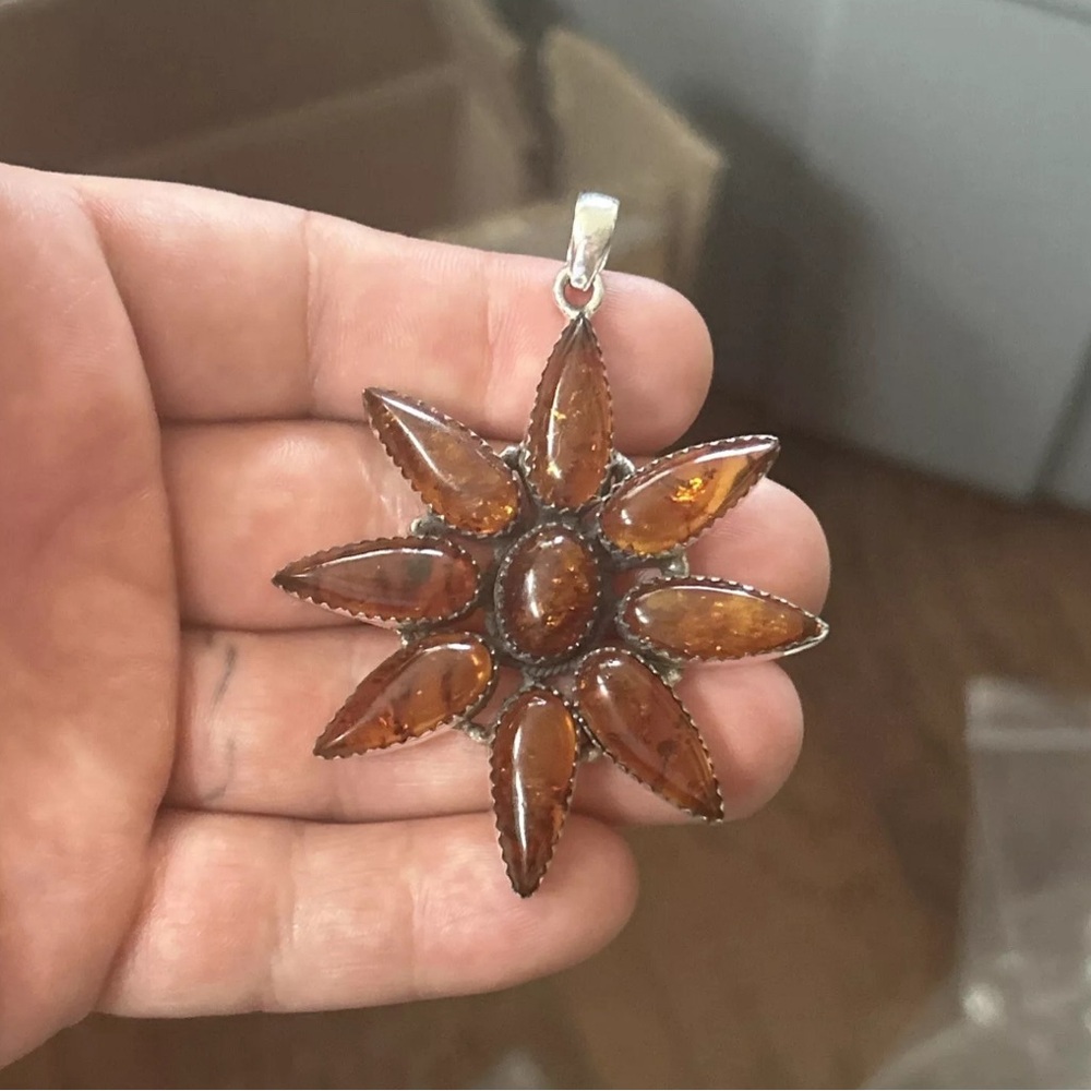 STERLING SILVER NATIVE AMERICAN SW HUGE AMBER CLUSTER FLOWER PENDANT .925